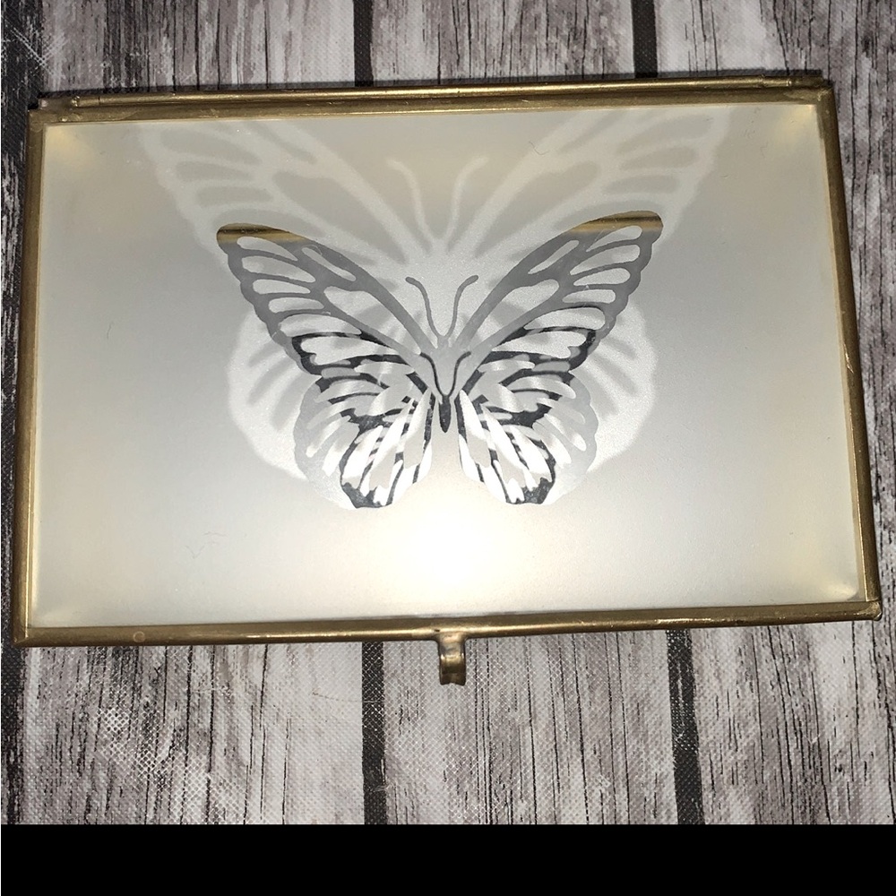 Vintage CROWNING TOUCH Brass and  Frosted Glass Butterfly Trinket Box